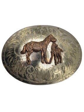 Mare and Foal belt Buckle Comstock Silversmiths German Silver Horse Cowboy Vtg